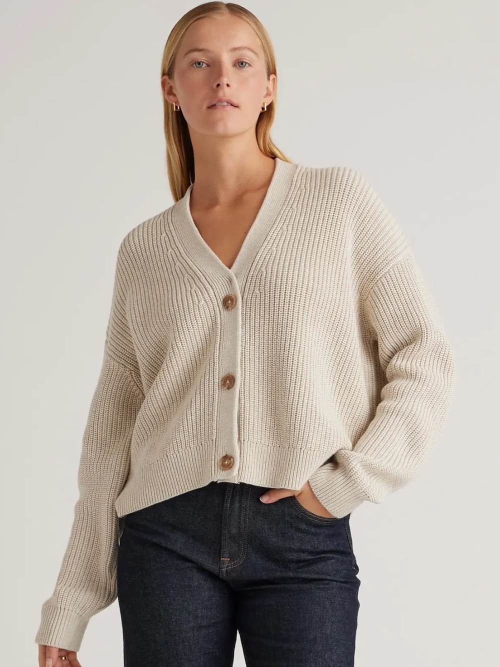 Quince 100% Organic Cotton Fisherman Boxy Cropped V-Neck Button Cardigan Size: L